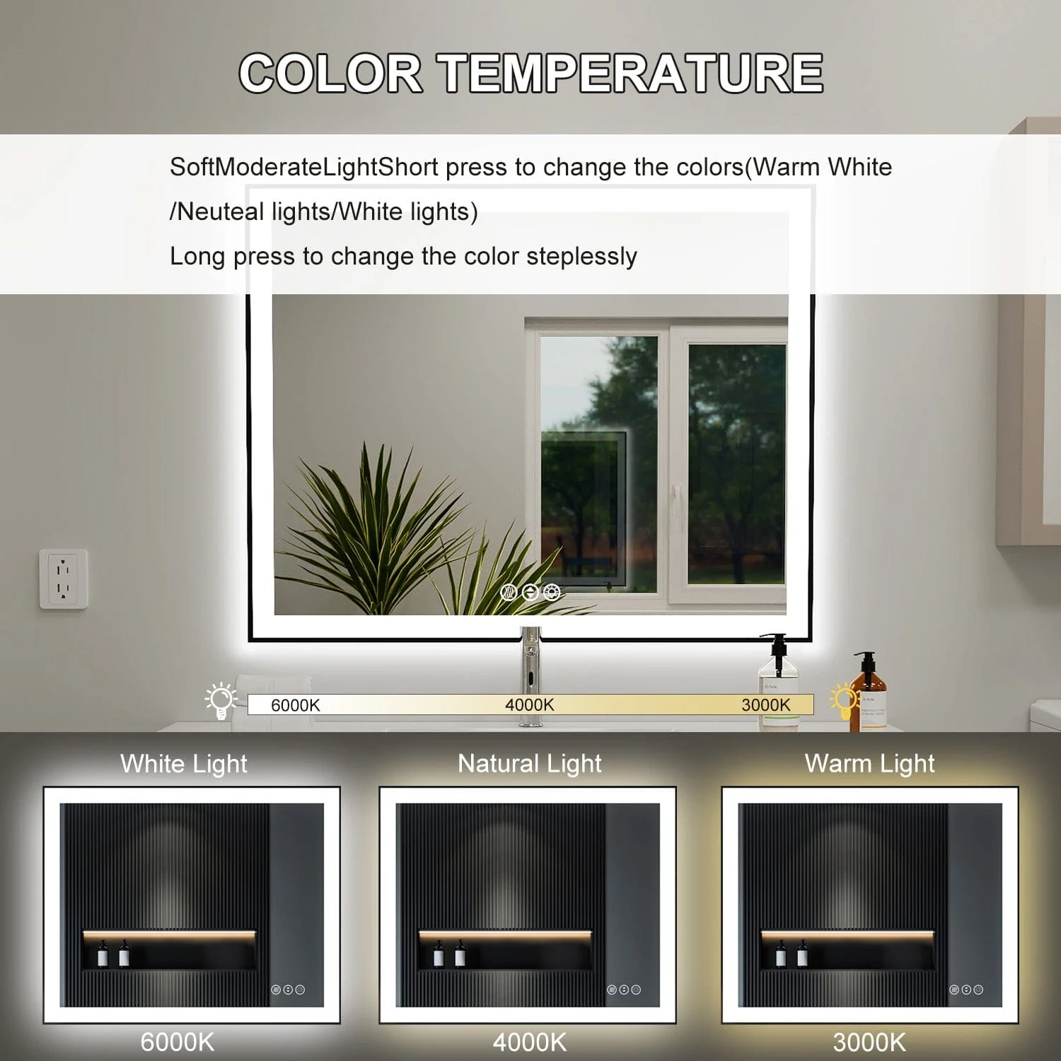 GIVING TREE 40"/48"/55" LED Bathroom Mirror with Black Frame, Anti-Fog, Shatter-Proof, Memory, 3 Colors - Image 4