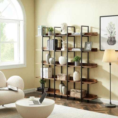 Giving Tree 5 Tier Bookcase Home Office Open Bookshelf, Vintage Industrial Style Shelf with Metal Frame, MDF Board - Image 3