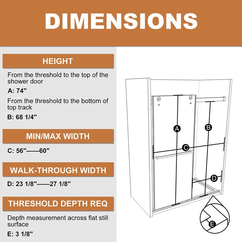 56-60'' x 74'' Explosion-proof Glass Bathroom Shower Door Two-way Sliding Black - Image 8