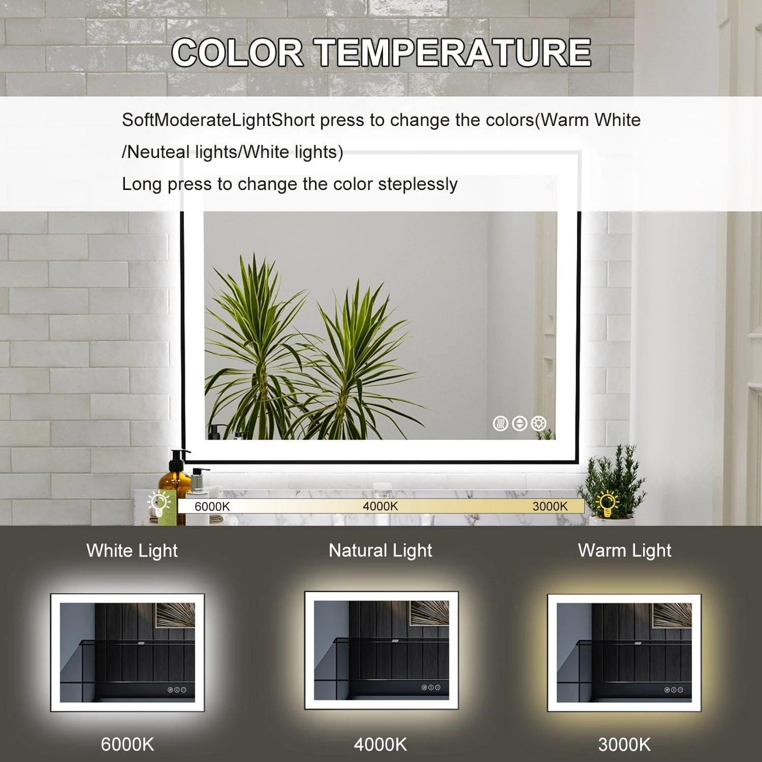 GIVING TREE 28"/32"/36"/40" LED Bathroom Mirror with Black Frame, Anti-Fog, Shatter-Proof, Memory, 3 Colors - Image 4