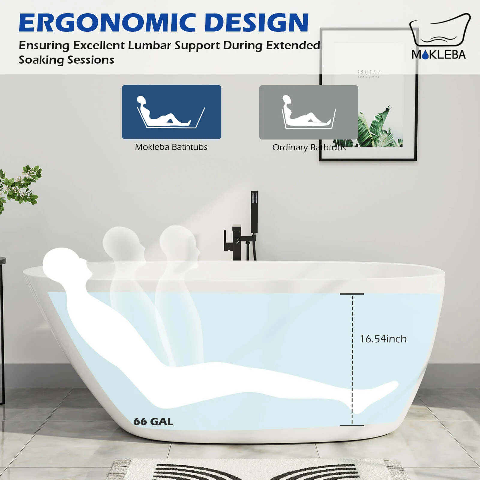 Mokleba 63" Acrylic End Drain Freestanding Tub with Pop-up Drain - Image 4