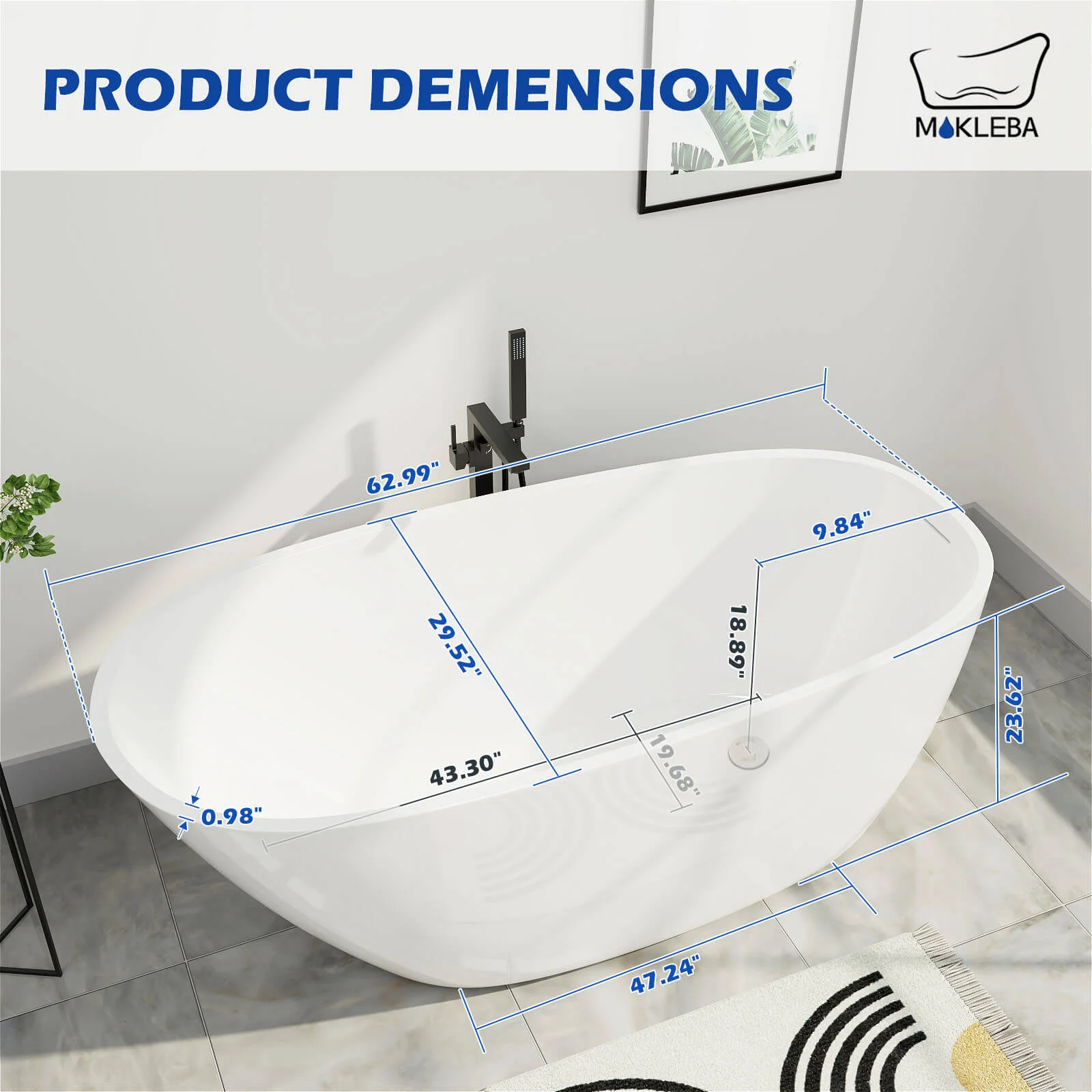 Mokleba 63" Acrylic End Drain Freestanding Tub with Pop-up Drain - Image 6