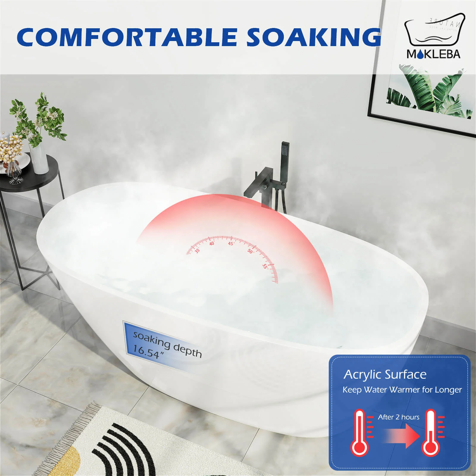 Mokleba 63" Acrylic End Drain Freestanding Tub with Pop-up Drain - Image 7