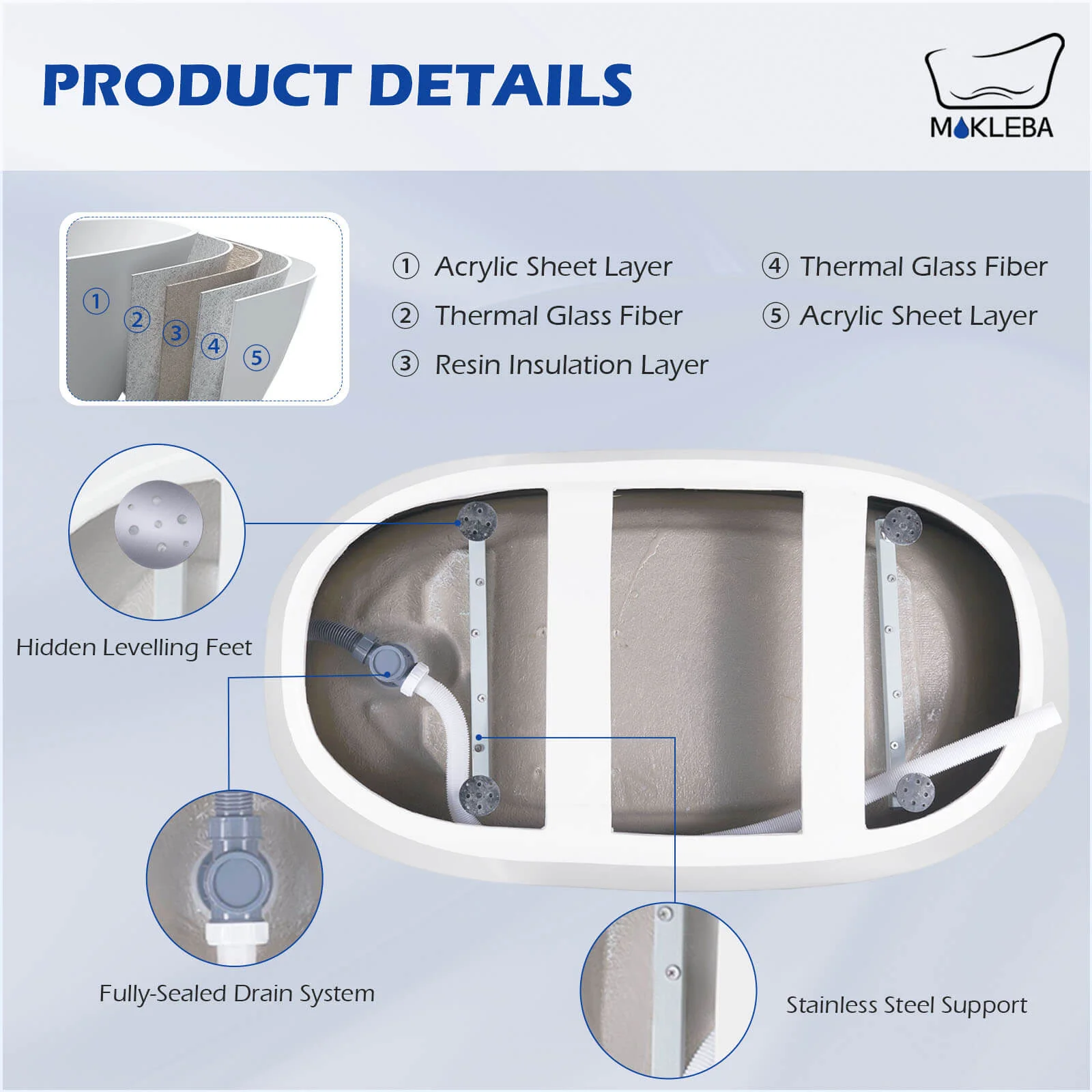 Mokleba 63" Acrylic End Drain Freestanding Tub with Pop-up Drain - Image 8