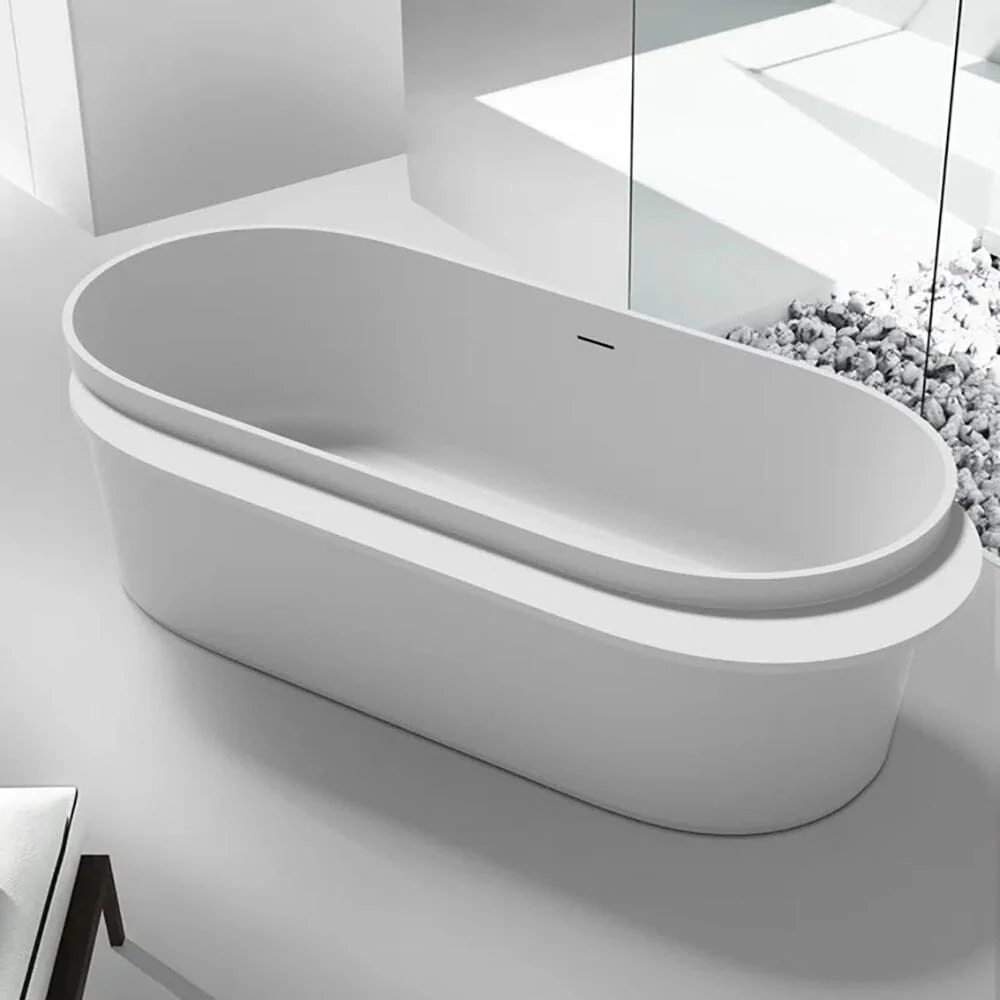 Giving Tree 67'' Solid Surface Stone Resin White Freestanding Bathtub with Shelf - Image 3