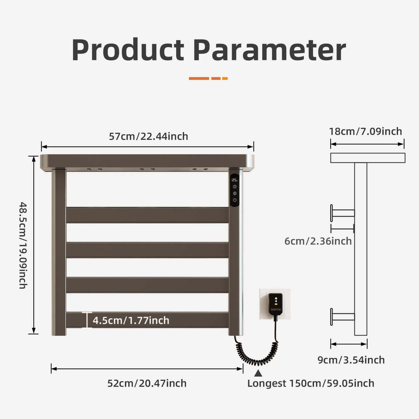 Gray Plug-In Heated Towel Rack - Image 12
