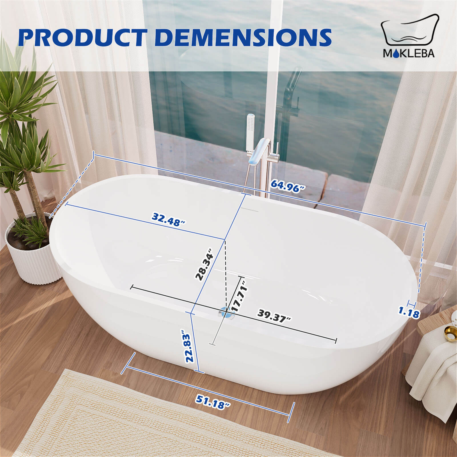 Mokleba 65'' Acrylic Oval Freestanding Soaking Bathtub with Drain - Image 20