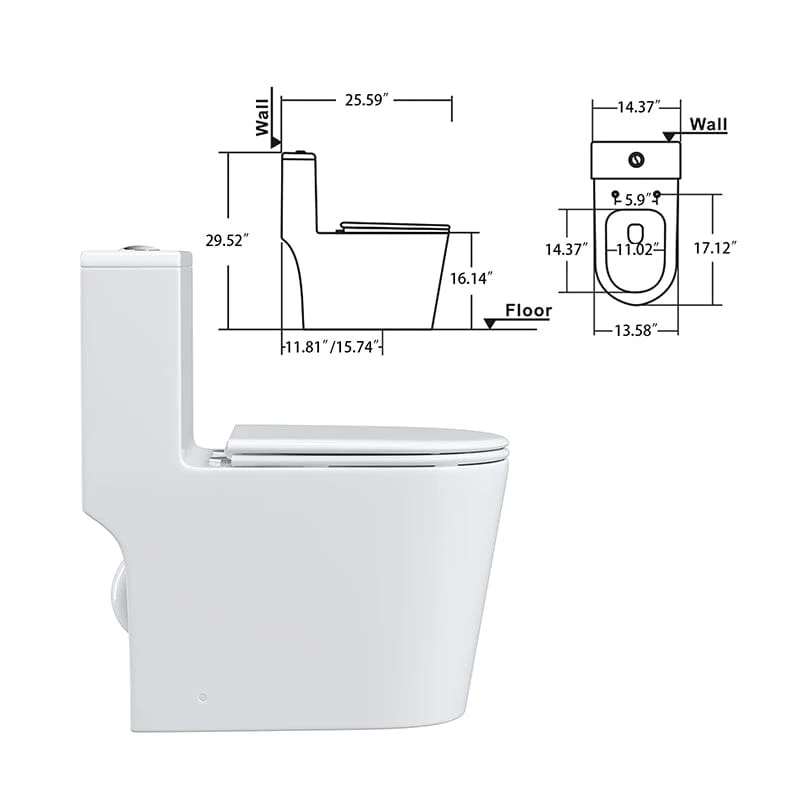 Modern Small One-Piece Floor Mount Toilet 1.1/1.6 GPF Dual Flush and Soft Close Seat - Image 8