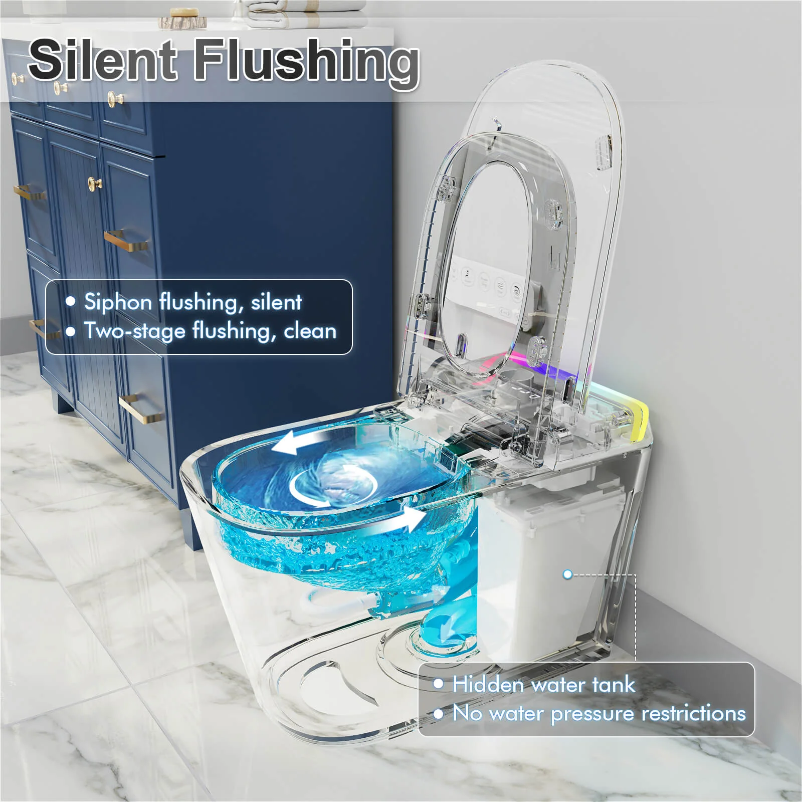 Modern Silent Flushing Smart Bidet Toilet with Built-in Water Tank, LED Light, Remote Control - Image 8