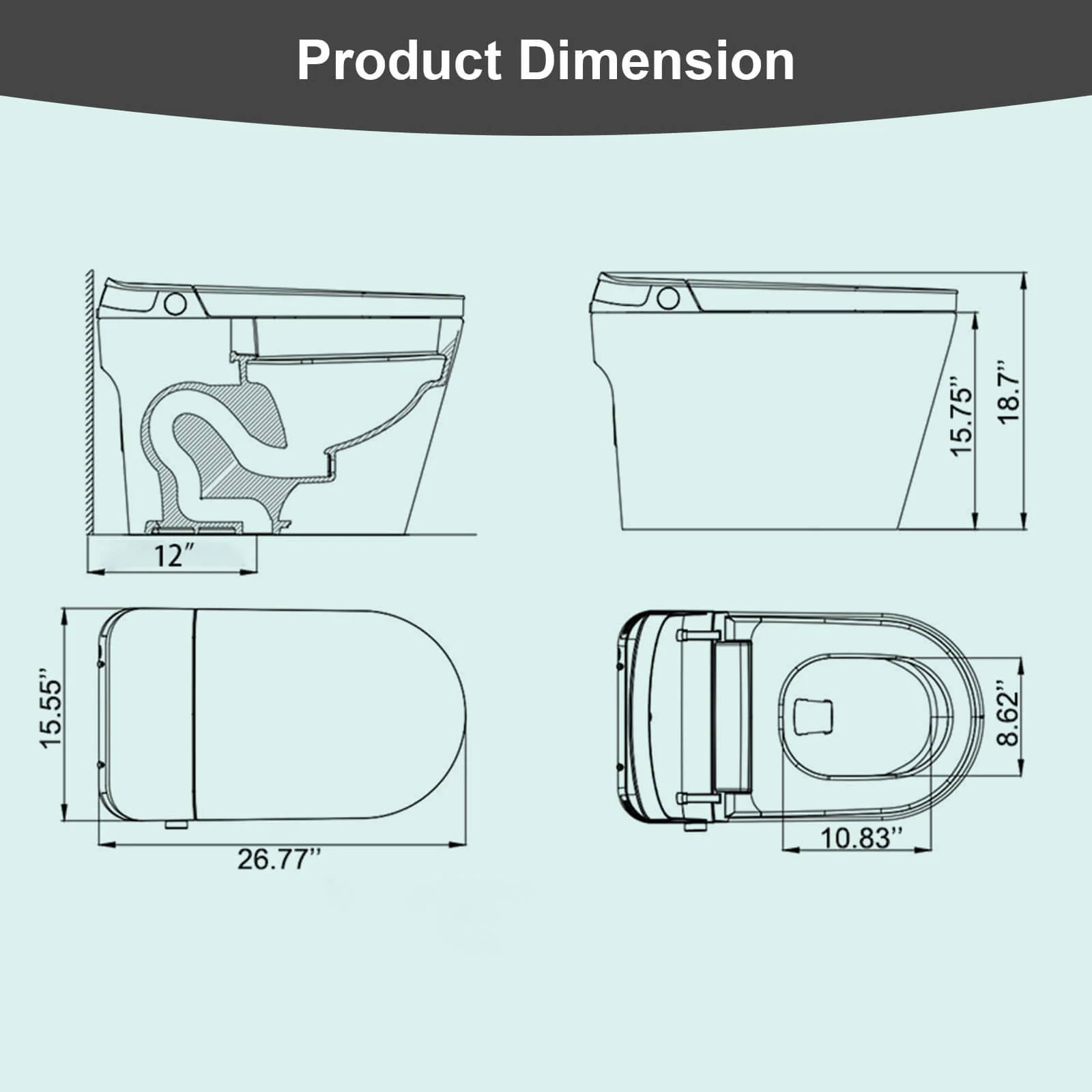 Modern Smart Bidet Toilet with LED Light, Heated Seat, Automatic Flush Tankless - Image 8