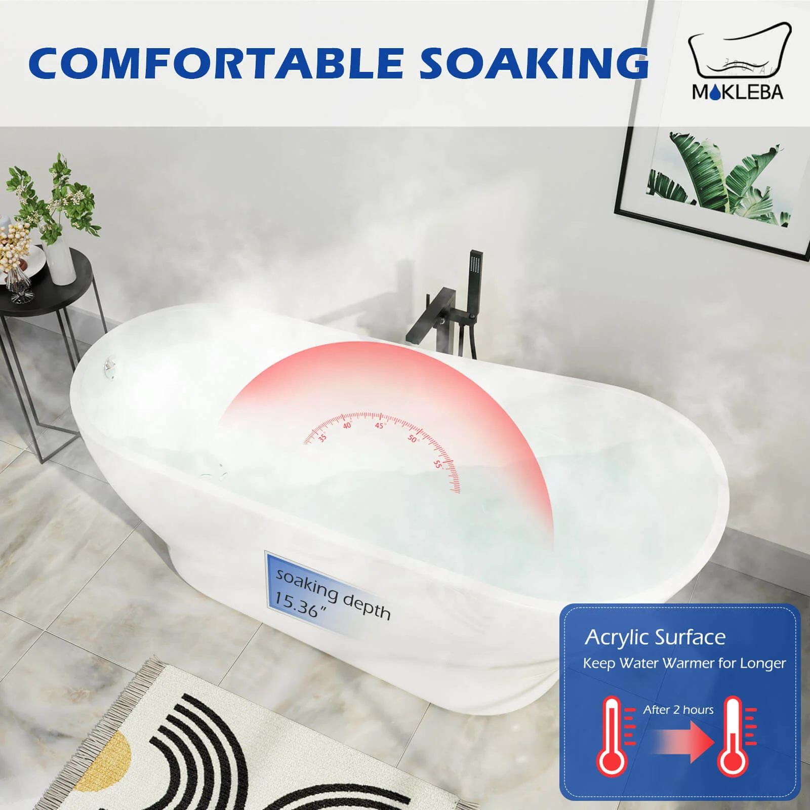 Mokleba Modern Bathroom 63" Acrylic Curve Flatbottom Freestanding Bathtub in White - Image 11