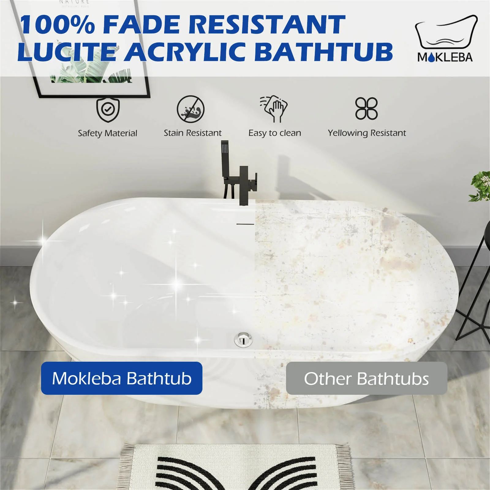 Mokleba 67" Acrylic Oval Large Space Freestanding Soaking Bathtub White - Image 7