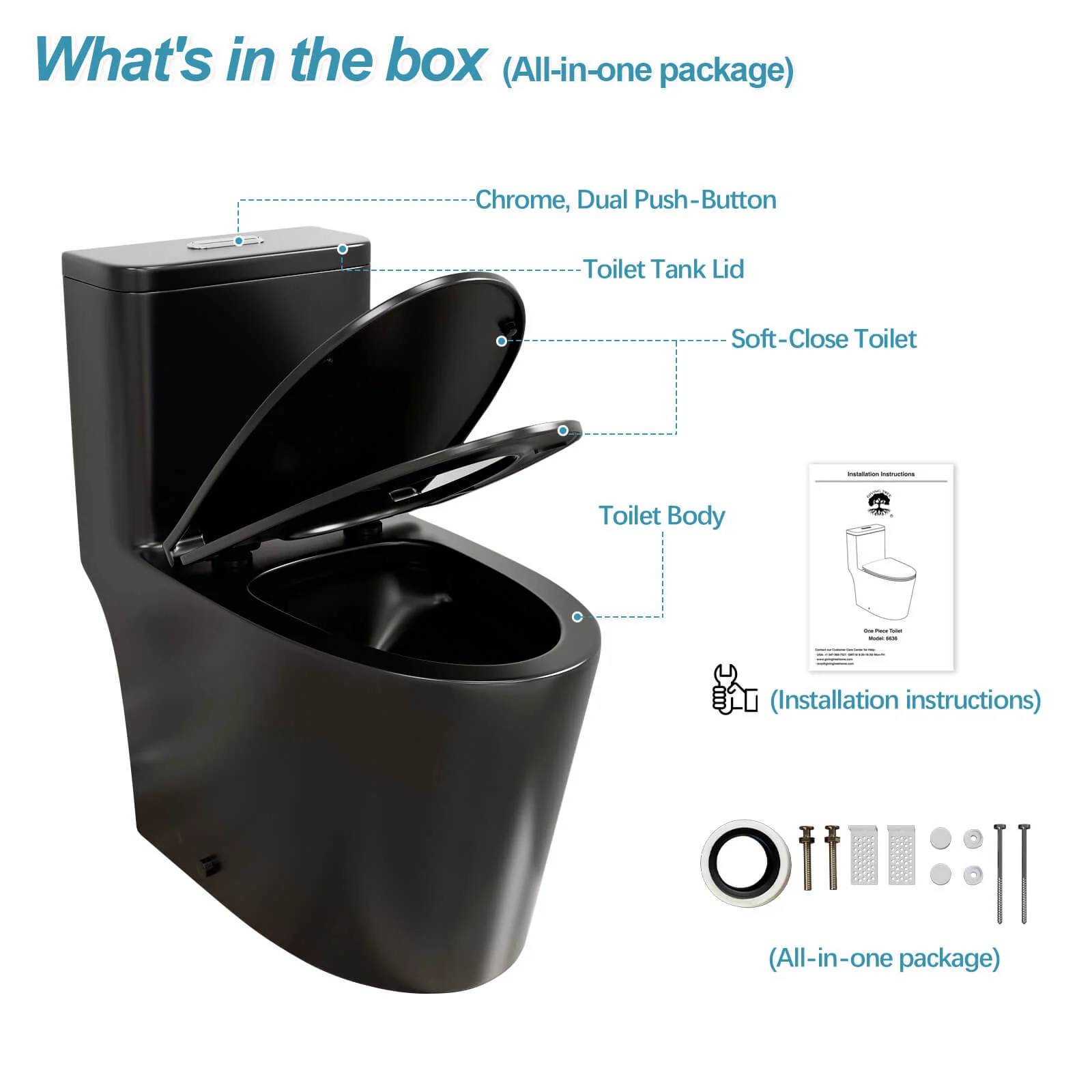 ADA Height One-Piece Toilet 1.1GPF/1.6 GPF Siphon Jet Dual Flushing with Toilet Seat - Image 30