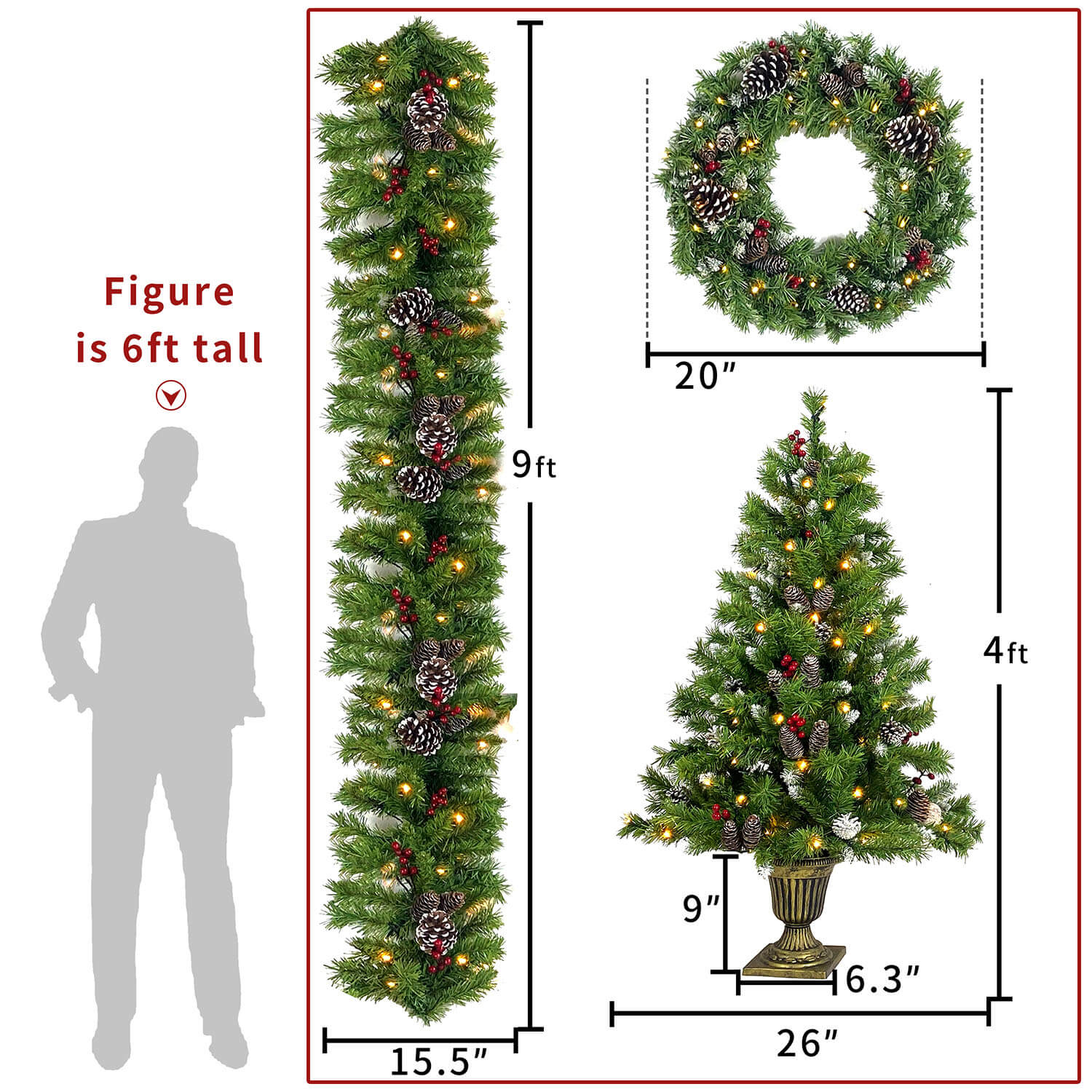 Christmas Door Decorations - 4 Piece Set,  2 Entrance Artificial Xmas Trees with Lights, Garland, Wreath & Ribbon Holiday Decorations - Image 3