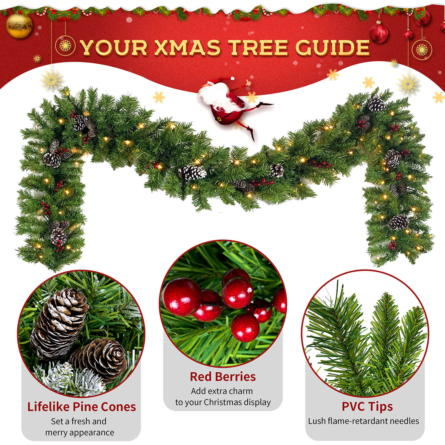 Christmas Door Decorations - 4 Piece Set,  2 Entrance Artificial Xmas Trees with Lights, Garland, Wreath & Ribbon Holiday Decorations - Image 4