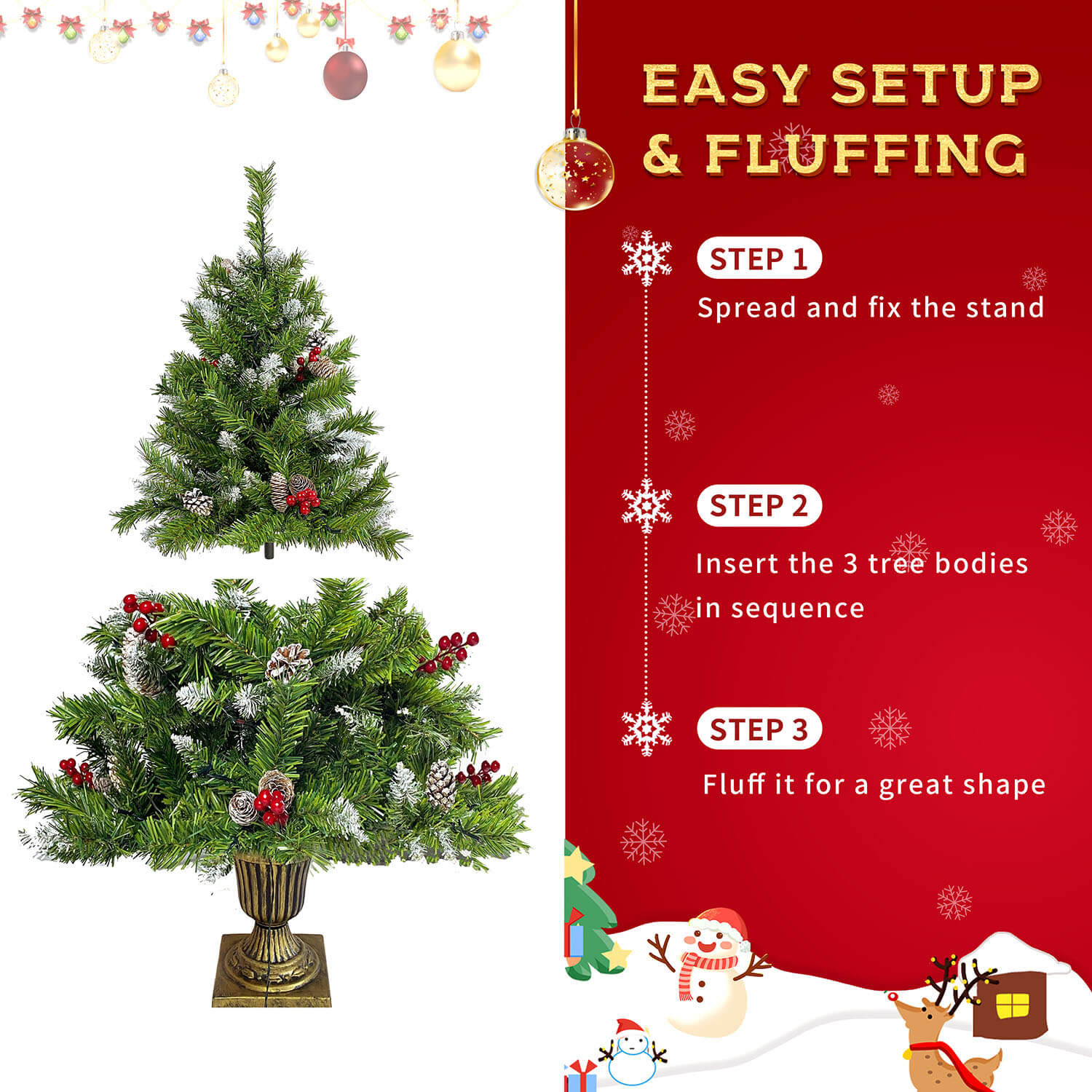 Christmas Door Decorations - 4 Piece Set,  2 Entrance Artificial Xmas Trees with Lights, Garland, Wreath & Ribbon Holiday Decorations - Image 5