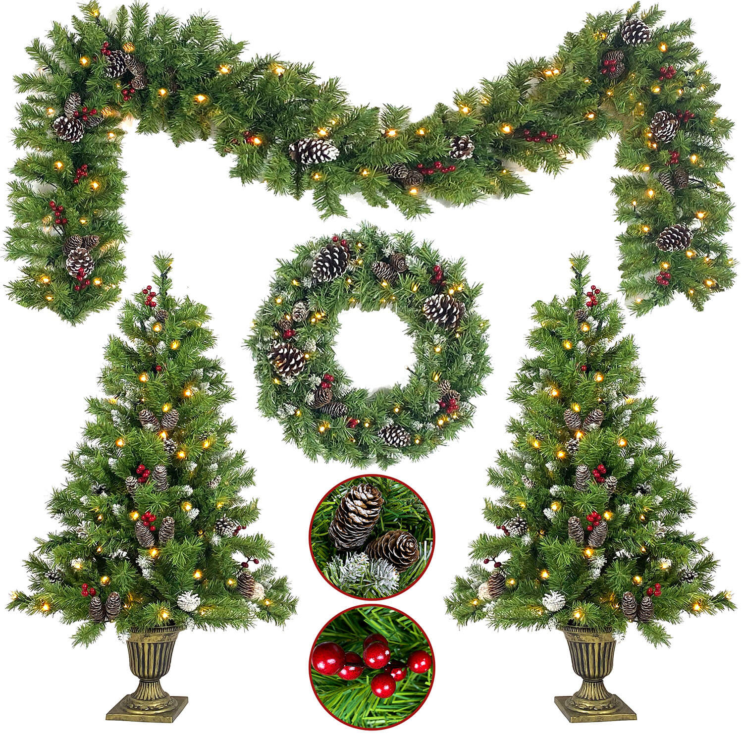 Christmas Door Decorations - 4 Piece Set,  2 Entrance Artificial Xmas Trees with Lights, Garland, Wreath & Ribbon Holiday Decorations - Image 6
