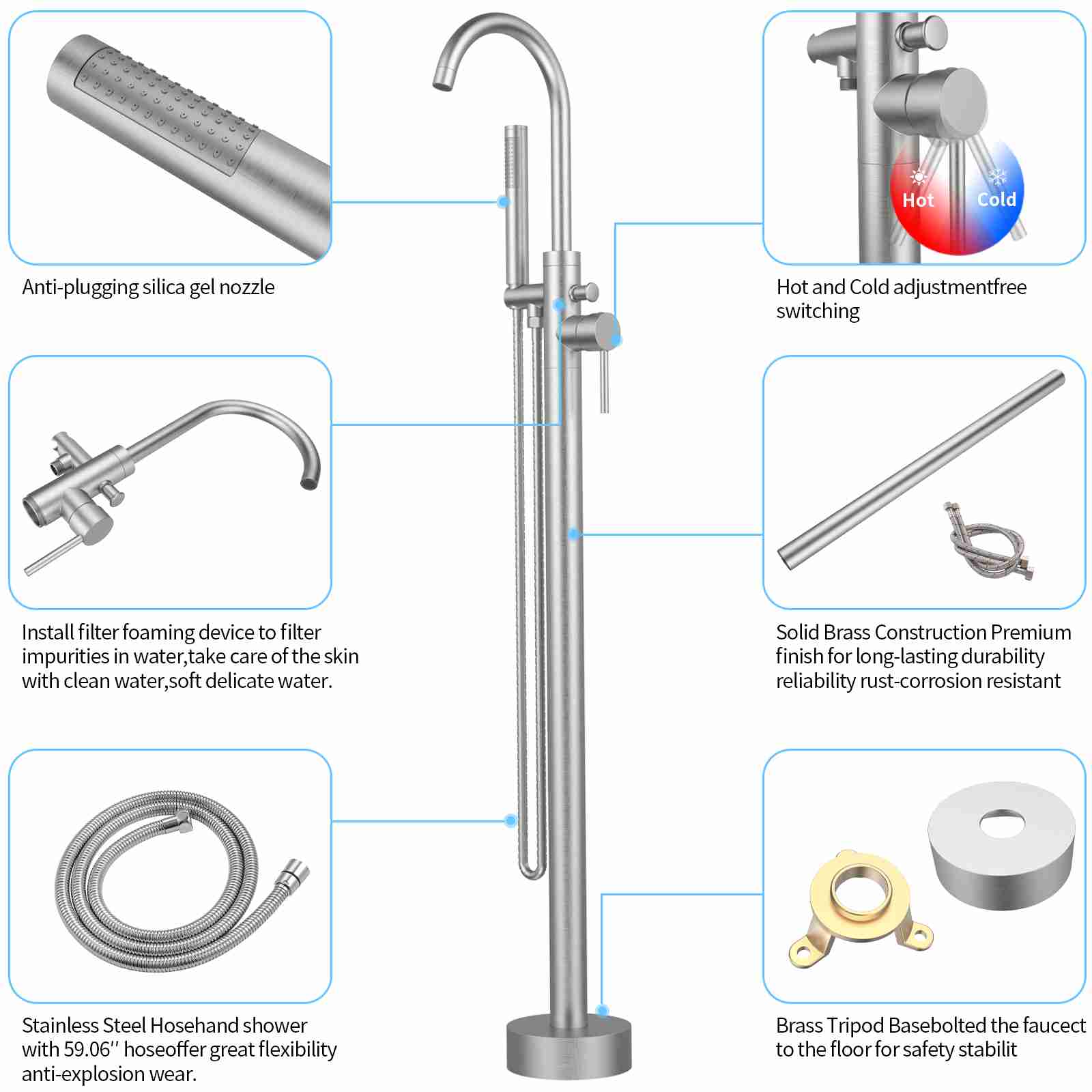 Retro Brass Single Handle Shower Freestanding Tub Filler Faucet, Floor Mounted & Bubble Former - Image 8