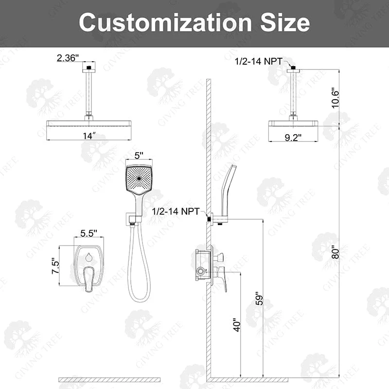 Shower Set 14" Rectangular Ceiling Shower Head with Hand Shower - Image 18