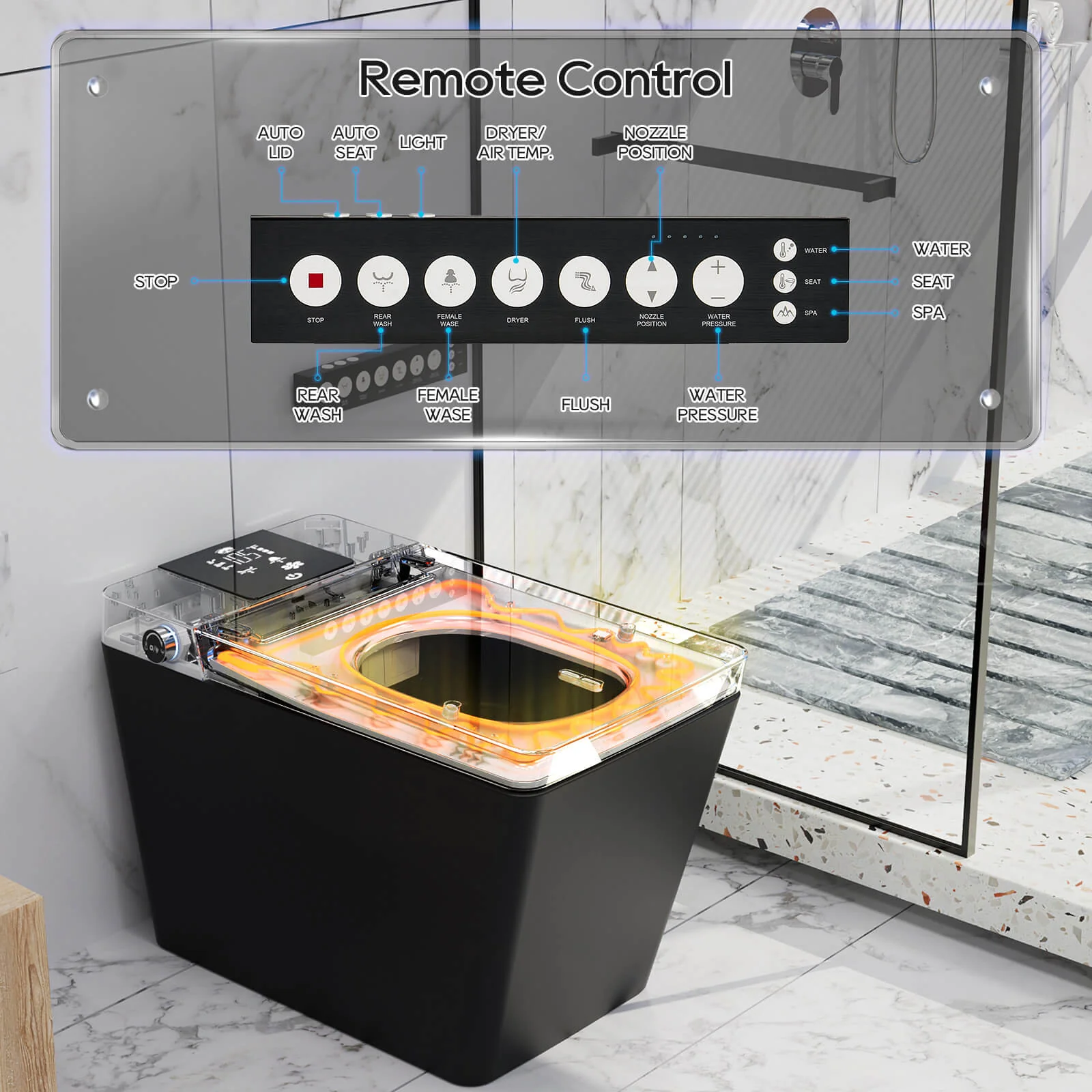 Giving Tree Smart Square One-Piece Floor Toilet with Remote Control and Automatic Cover - Image 12