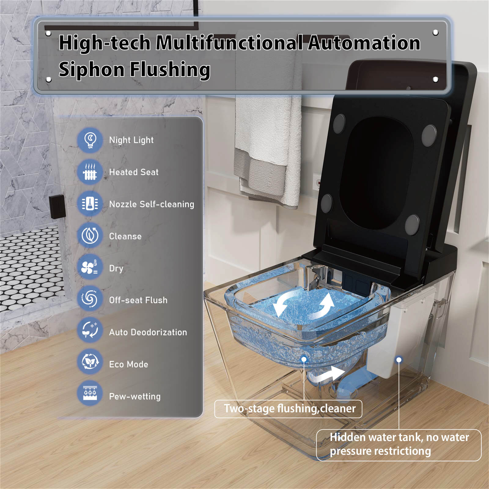 Square Smart Bidet Toilet with Water Tank, Radar Sensor, Heated Seat, Drying Function - Image 4